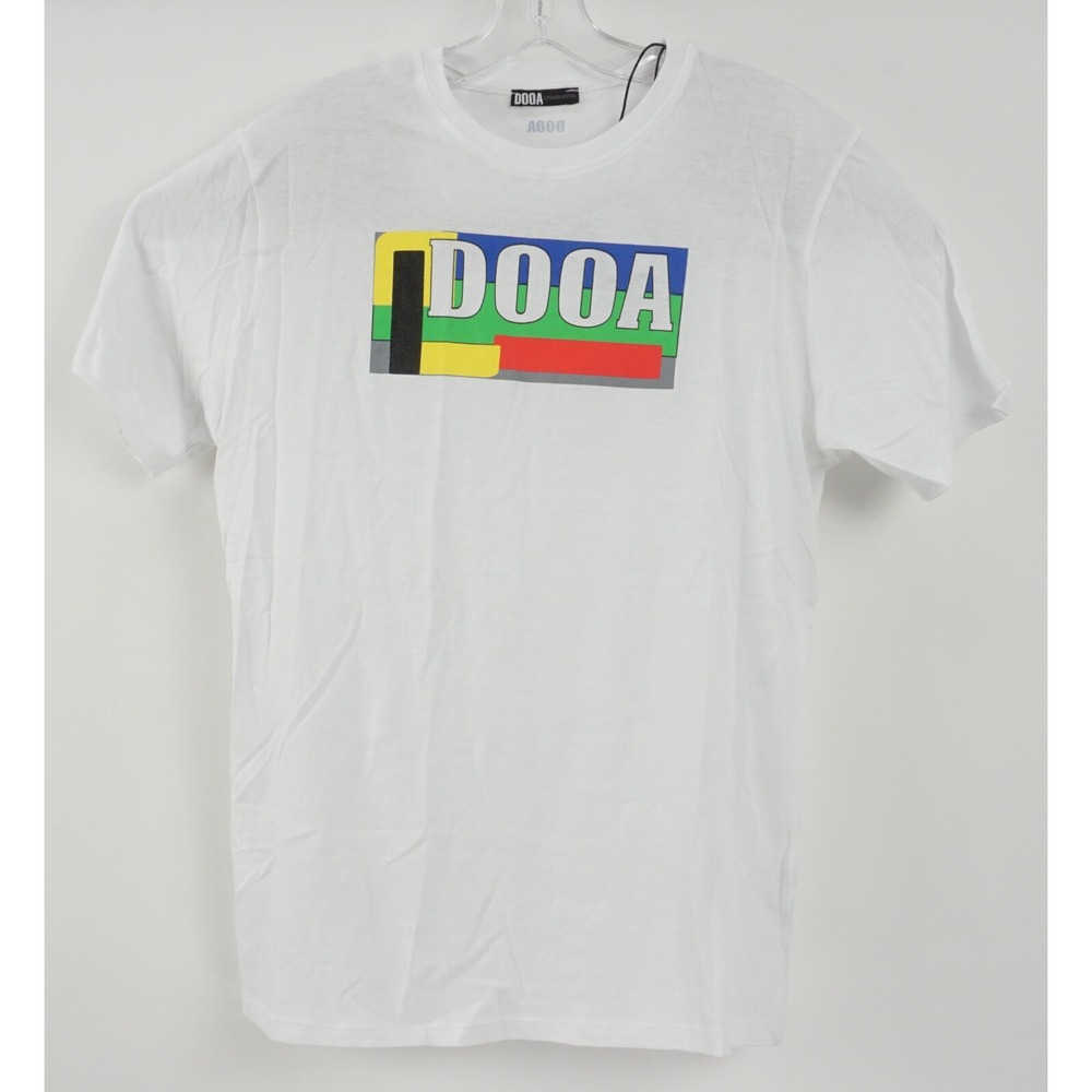 New DOOA Men's Large Short Sleeve White 100% Cotton‎ Spell Out Logo Crew T-Shirt